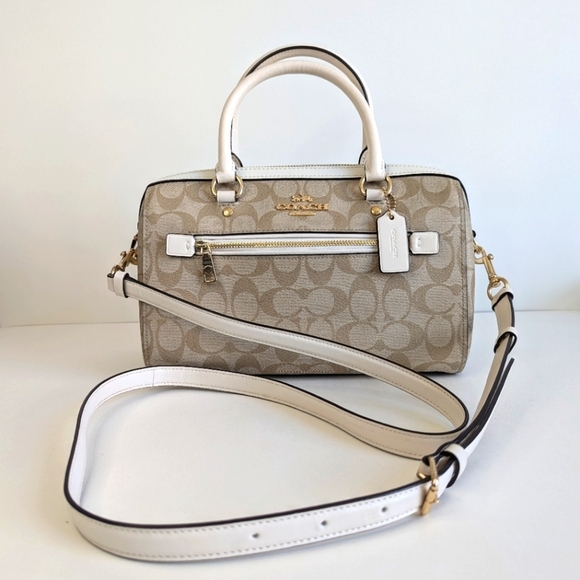 Coach Rowan Top-Handle Satchel Bag Beige Taupe Signature Canvas Ivory Leather - Picture 1 of 16